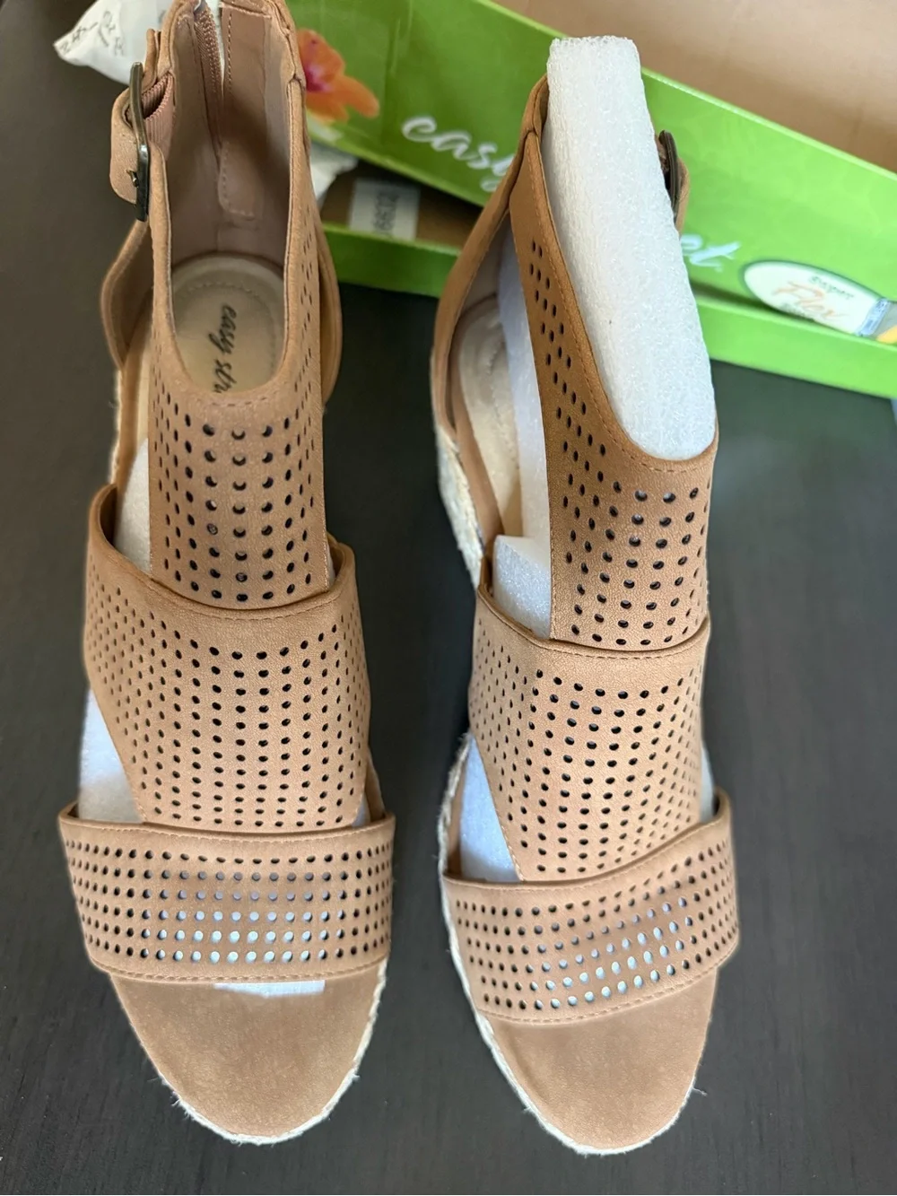 Easy Street Tan Perforated Espadrille Wedge Sandals